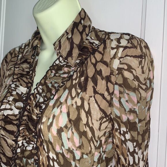 New Directions petite brown water colors ruched front crinkle cloth blouse - Picture 2 of 9